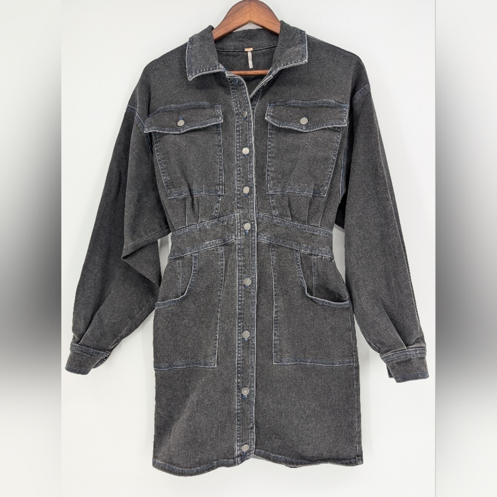 Free People Bo Midnight Black Denim Mini Shacket Dress XS Button Front Pockets